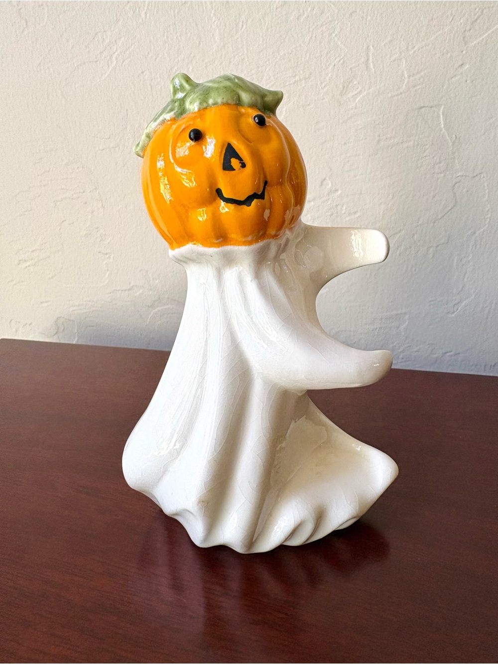 Vintage Halloween Pumpkin Head Ghost Ceramic Candle Holder Hugger